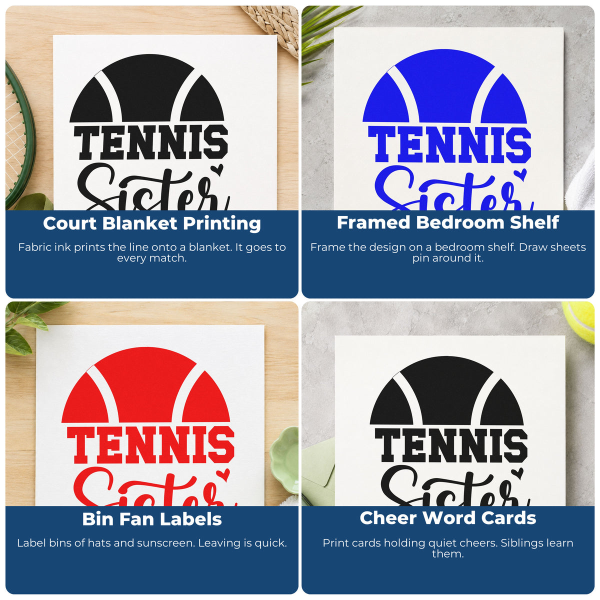 Four ways to use the Tennis Sister Half Ball Compact Pre-Inked Stamp – Slim: court blanket printing, framed bedroom shelf, bin fan labels and cheer word cards.