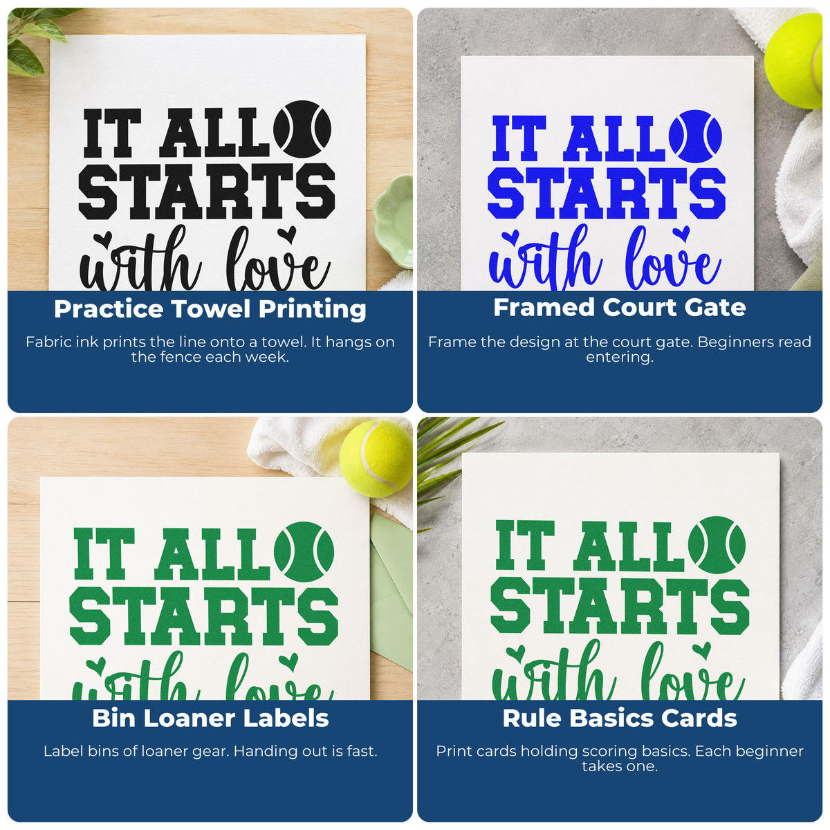 Four ways to use the It Starts With Love Premium Wooden Stamp - Vintage Pro: practice towel printing, framed court gate, bin loaner labels and rule basics cards.