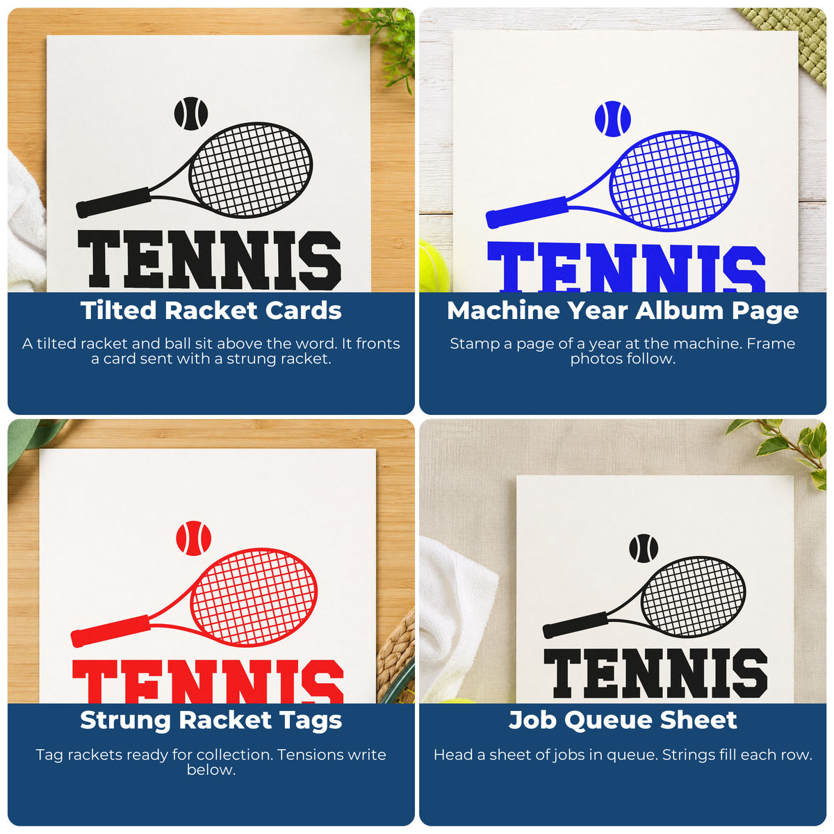 Four ways to use the Tennis Name With Racket And Ball Hand Stamp – Duo: tilted racket cards, machine year album page, strung racket tags and job queue sheet.