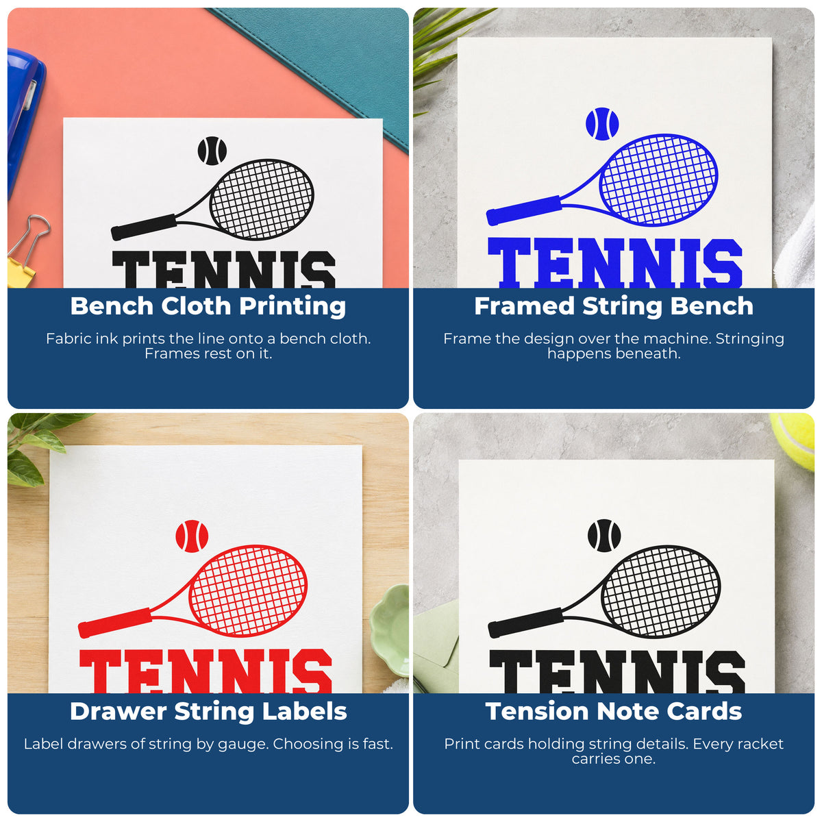 Four ways to use the Tennis Name With Racket And Ball PSI Pre-Inked Stamp: bench cloth printing, framed string bench, drawer string labels and tension note cards.