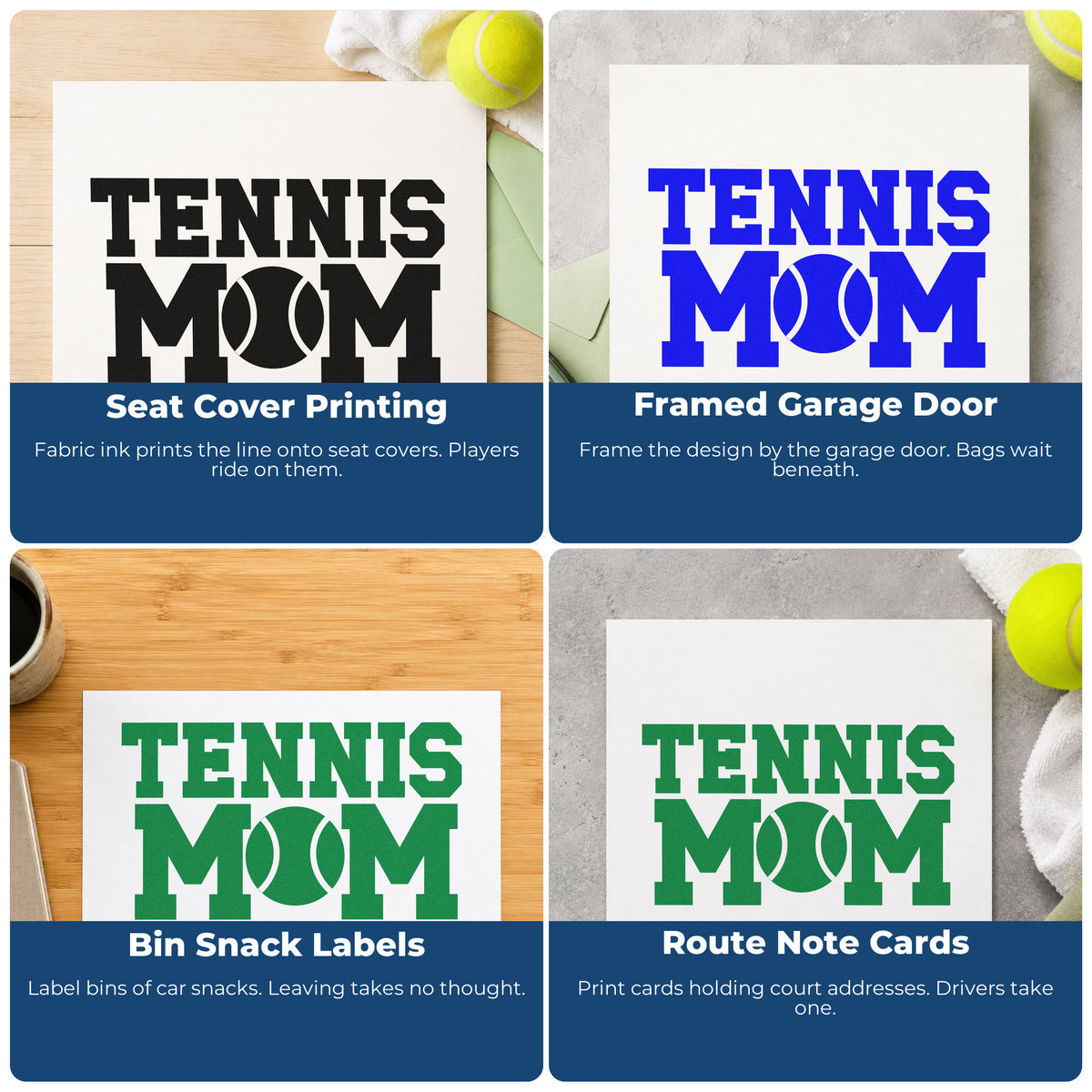 Four ways to use the Tennis Mom Ball Typography Pre-Inked Stamp – PSI: seat cover printing, framed garage door, bin snack labels and route note cards.