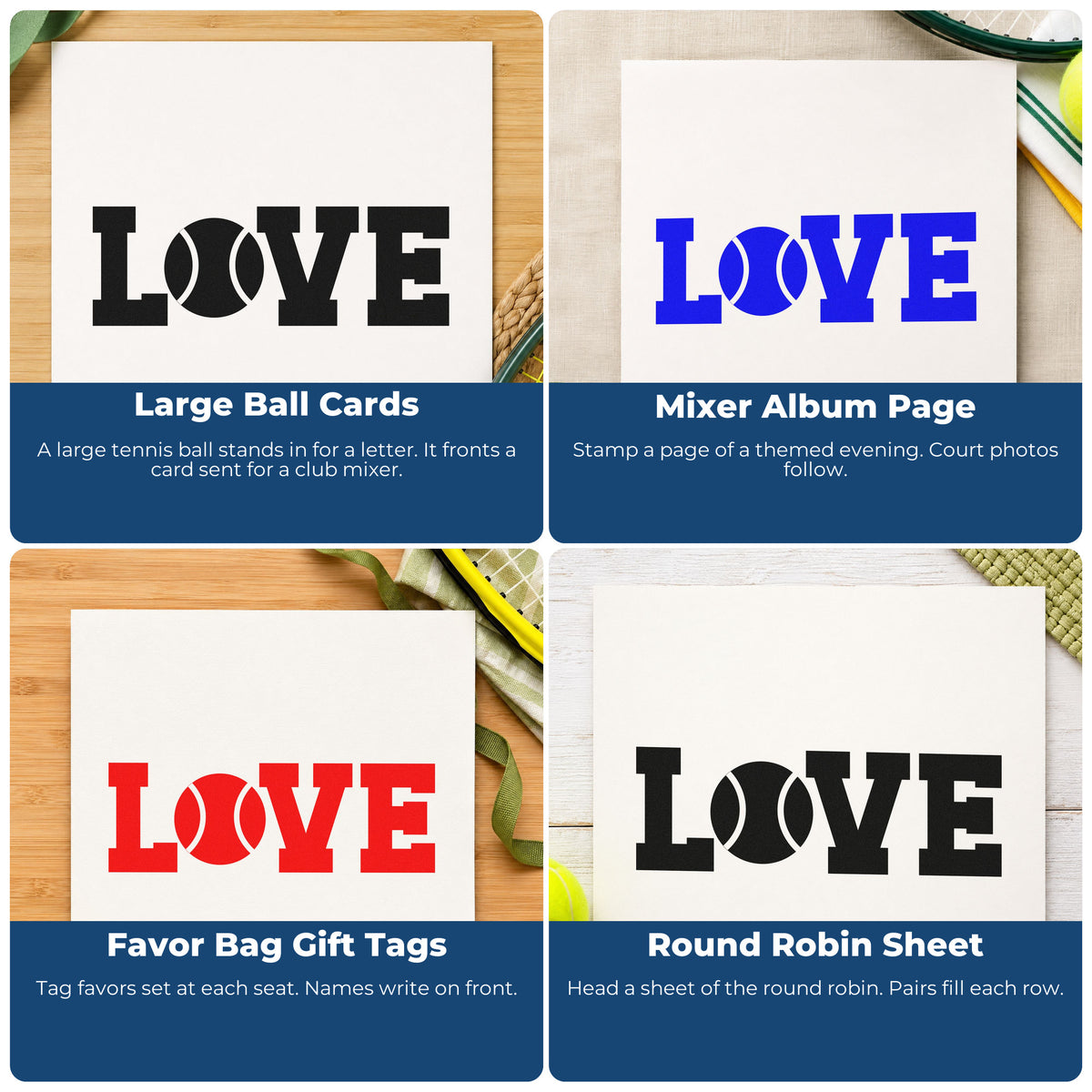 Four ways to use the Wood Handle Love Tennis Ball Letter Rubber Stamp: large ball cards, mixer album page, favor bag gift tags and round robin sheet.