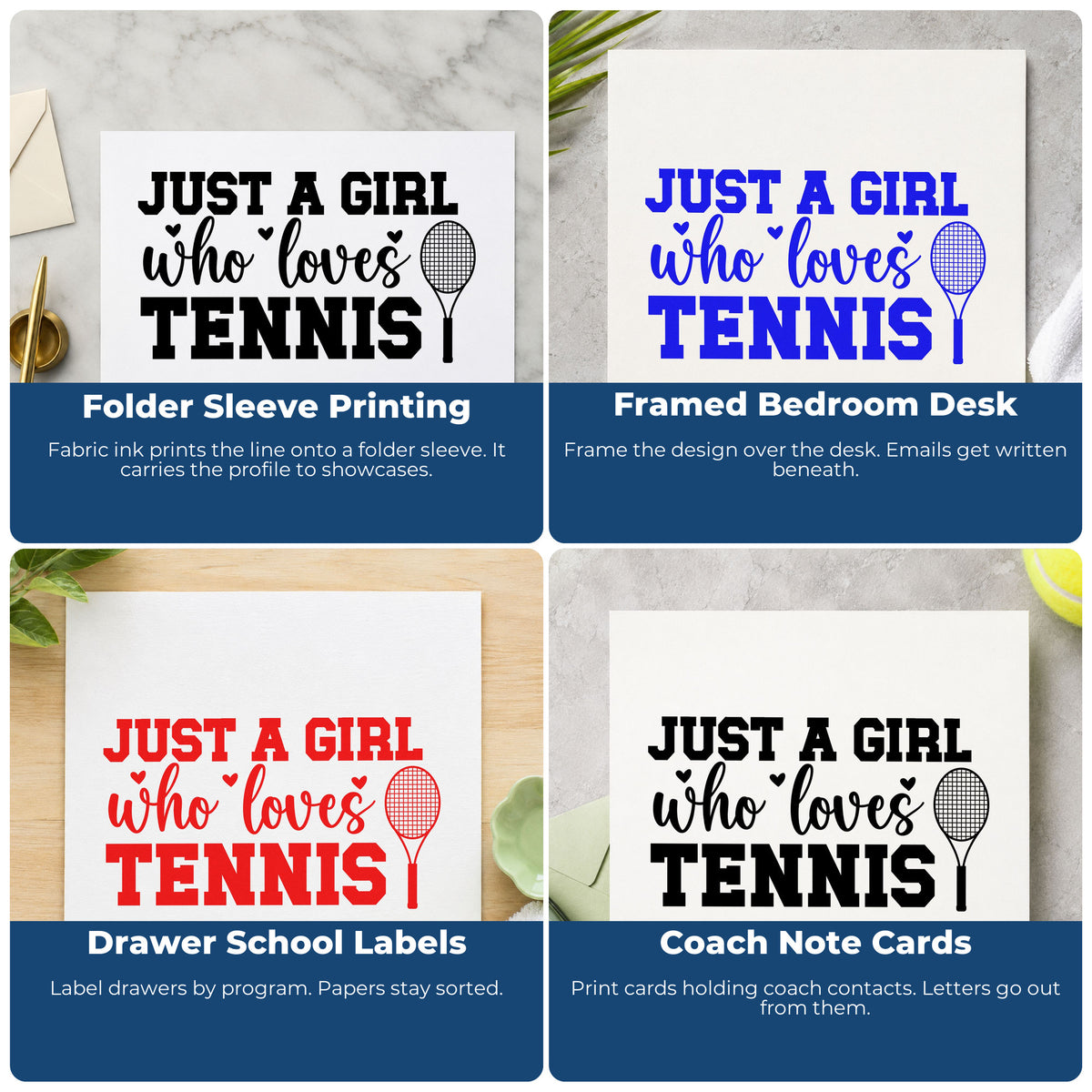 Four ways to use the Duo Hand Girl Who Loves Tennis Rubber Stamp: folder sleeve printing, framed bedroom desk, drawer school labels and coach note cards.