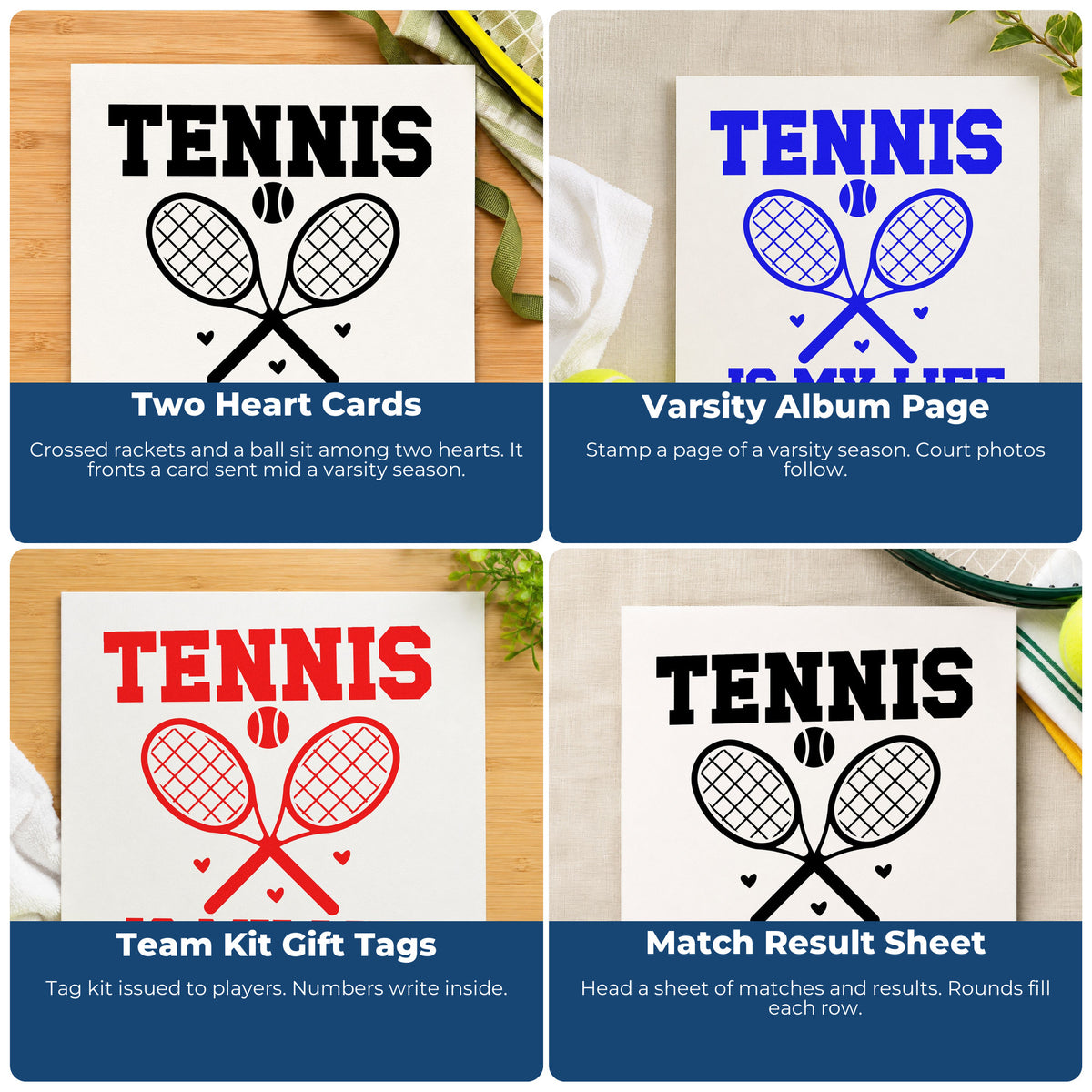 Four ways to use the Tennis Is My Life With Hearts Rubber Stamp – Wood Handle: two heart cards, varsity album page, team kit gift tags and match result sheet.