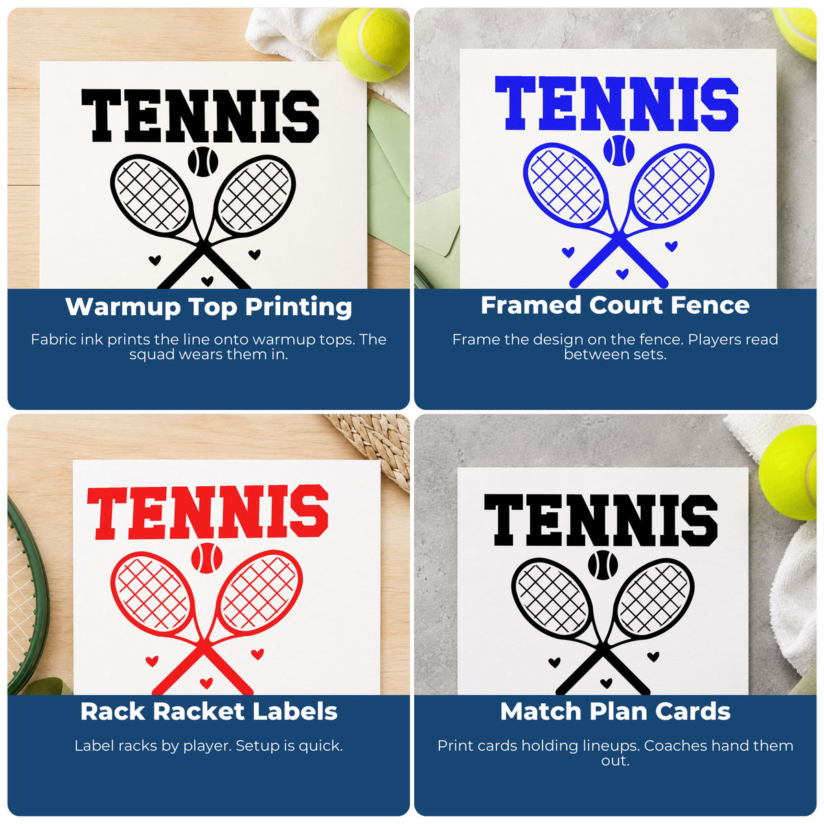 Four ways to use the Tennis Is My Life With Hearts Hand Stamp – Duo: warmup top printing, framed court fence, rack racket labels and match plan cards.