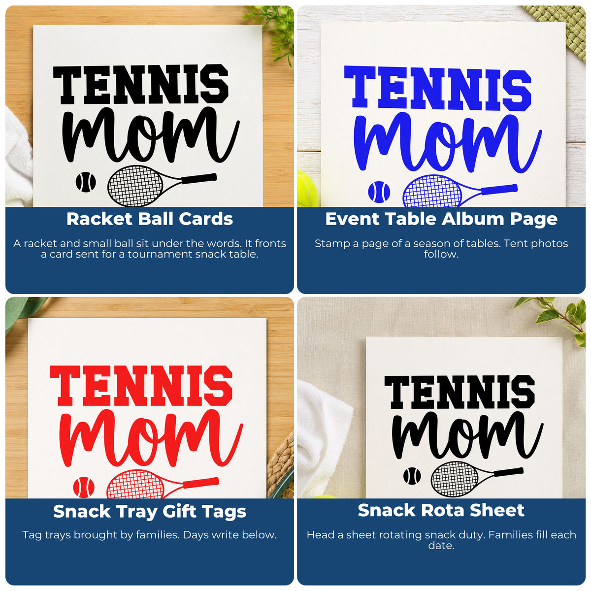 Four ways to use the Tennis Mom Racket Ball Premium Wooden Stamp - Vintage Pro: racket ball cards, event table album page, snack tray gift tags and snack rota sheet.