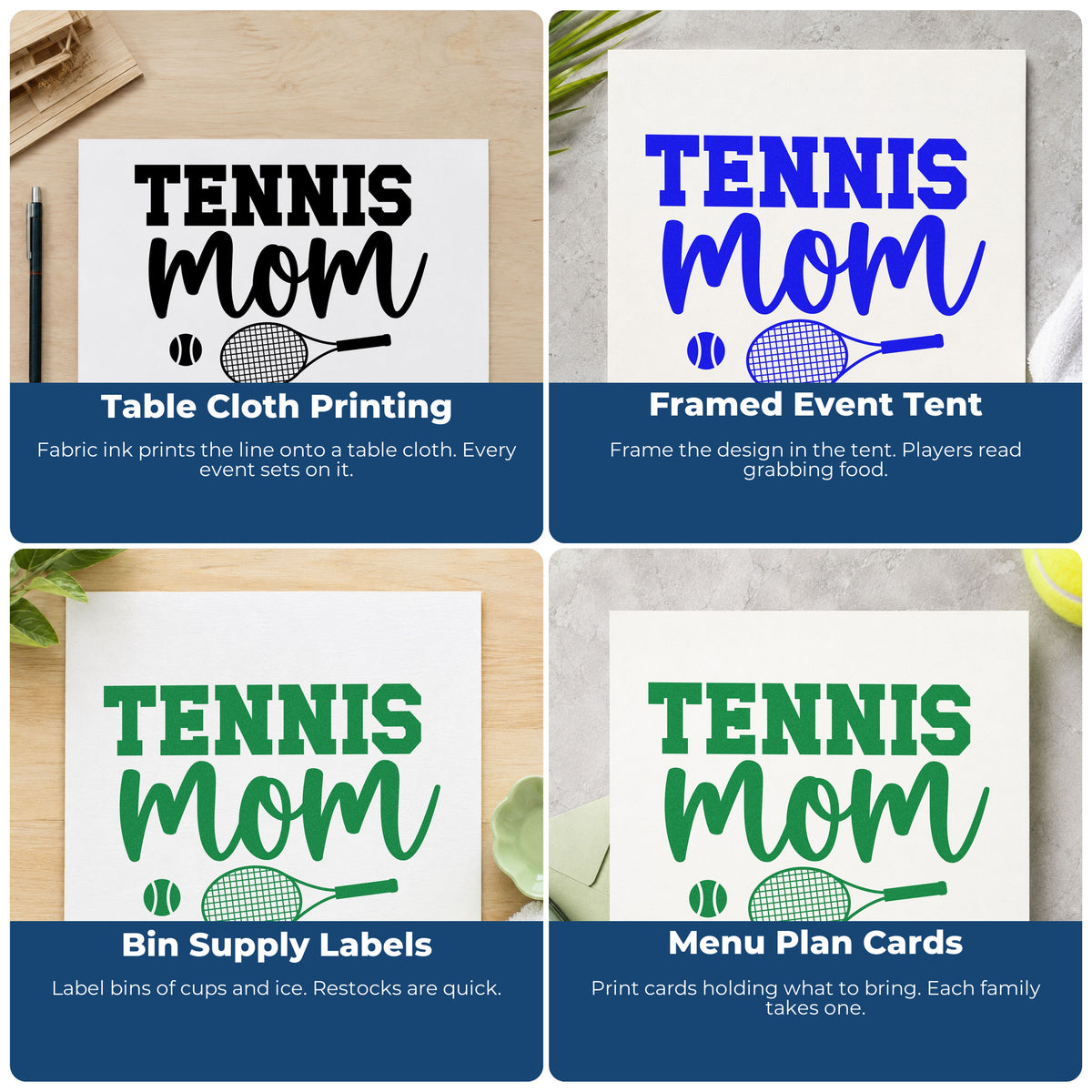 Four ways to use the Tennis Mom Racket Ball Premium Wooden Stamp - Vintage Pro: table cloth printing, framed event tent, bin supply labels and menu plan cards.