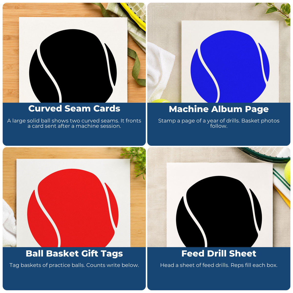 Four ways to use the Solid Tennis Ball Seam Silhouette Premium Wooden Stamp - Vintage Pro: curved seam cards, machine album page, ball basket gift tags and feed drill sheet.