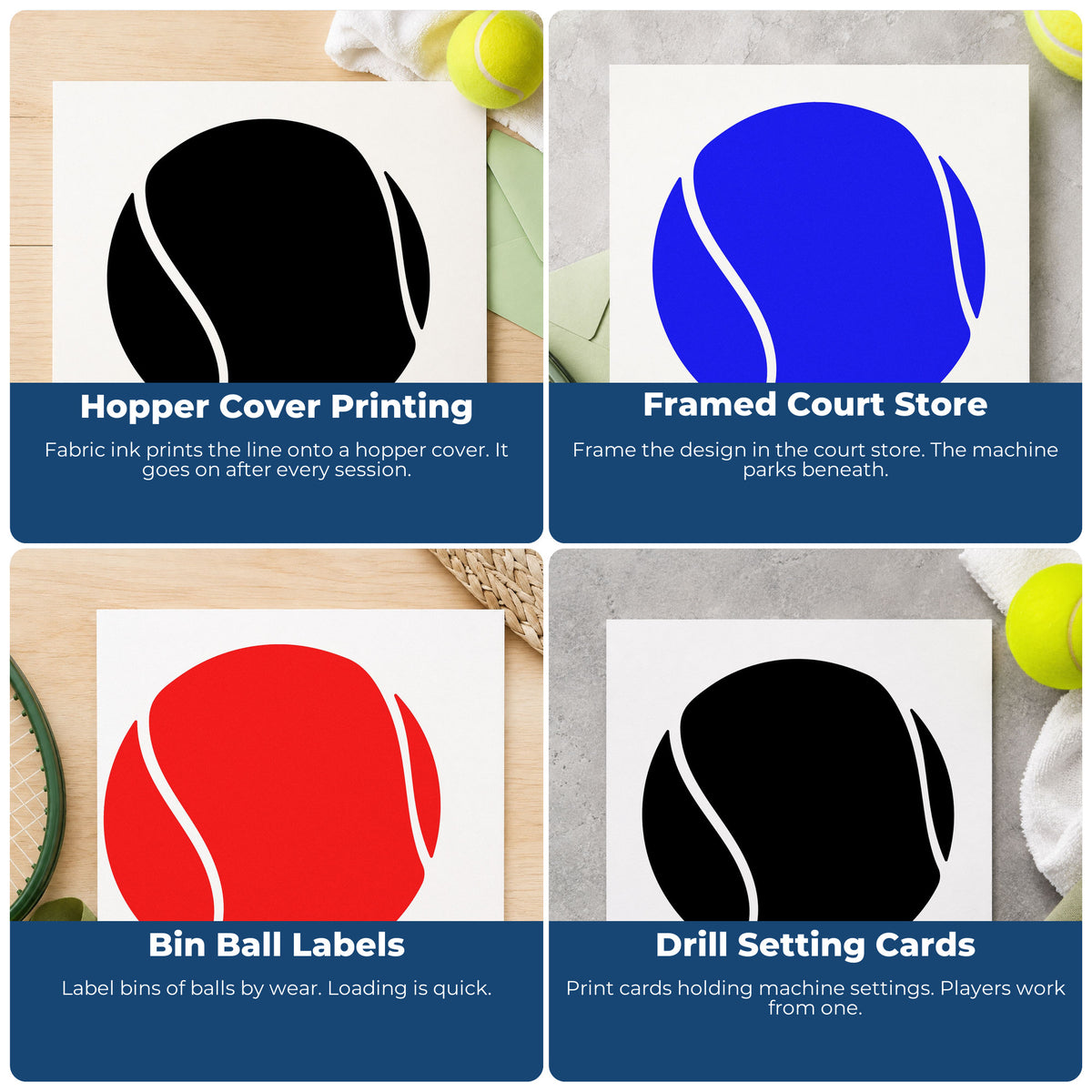 Four ways to use the Solid Tennis Ball Seam Silhouette Premium Wooden Stamp - Vintage Pro: hopper cover printing, framed court store, bin ball labels and drill setting cards.