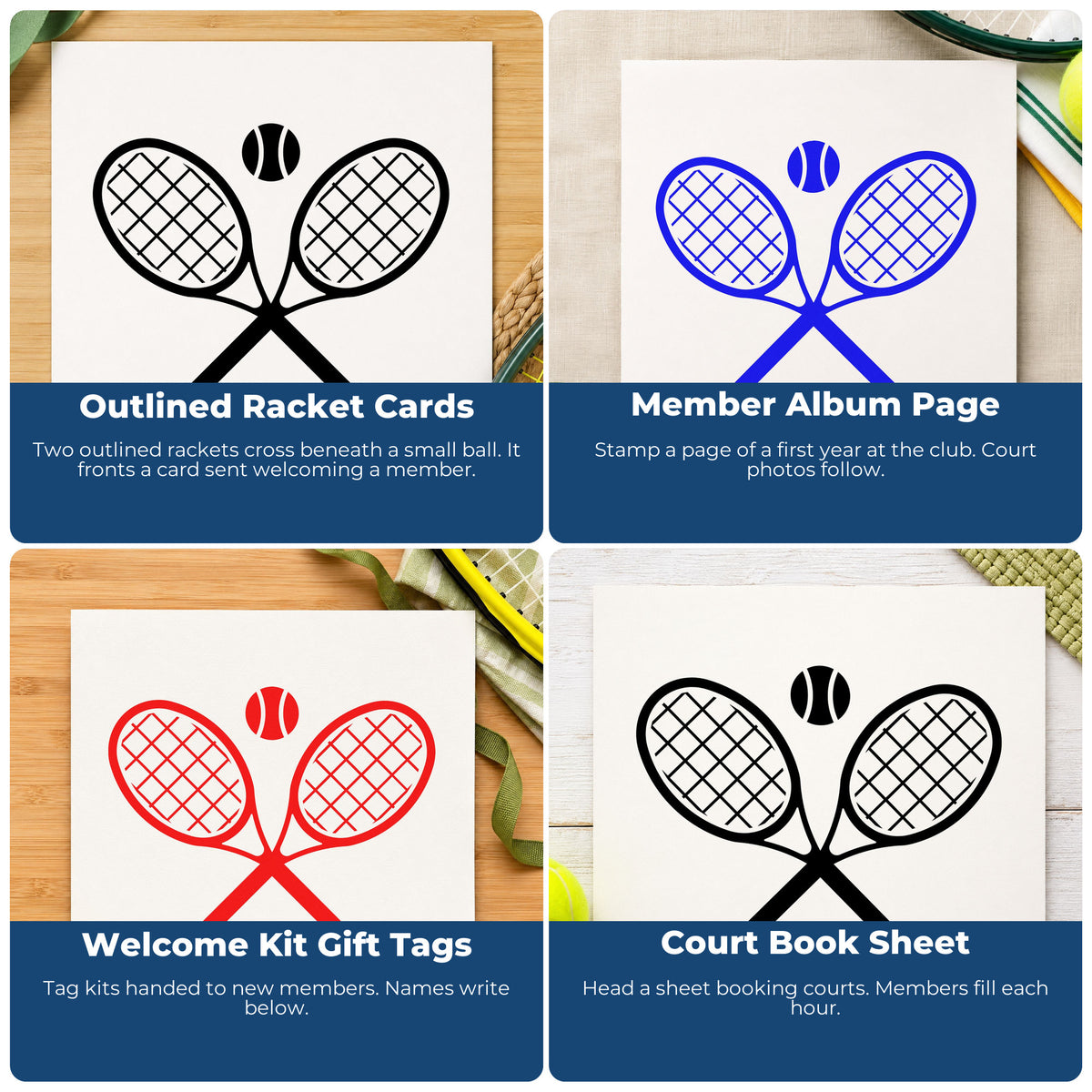 Four ways to use the Crossed Tennis Rackets Ball Stamp – Self-Inking: outlined racket cards, member album page, welcome kit gift tags and court book sheet.