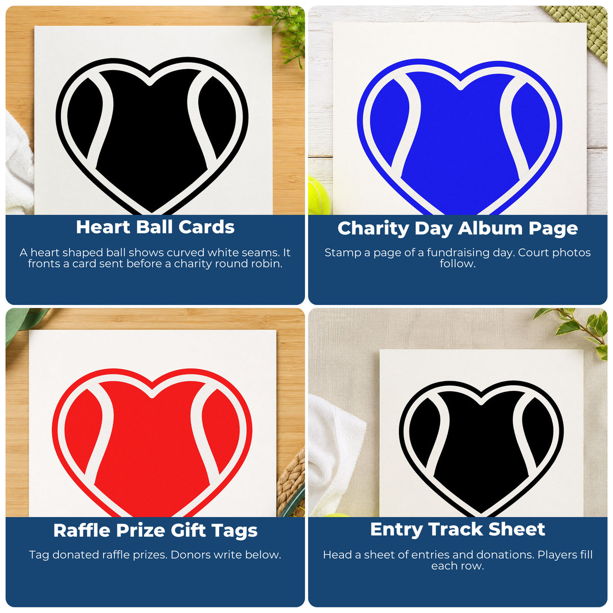 Four ways to use the Tennis Ball Heart Outline Wood Handle Stamp: heart ball cards, charity day album page, raffle prize gift tags and entry track sheet.