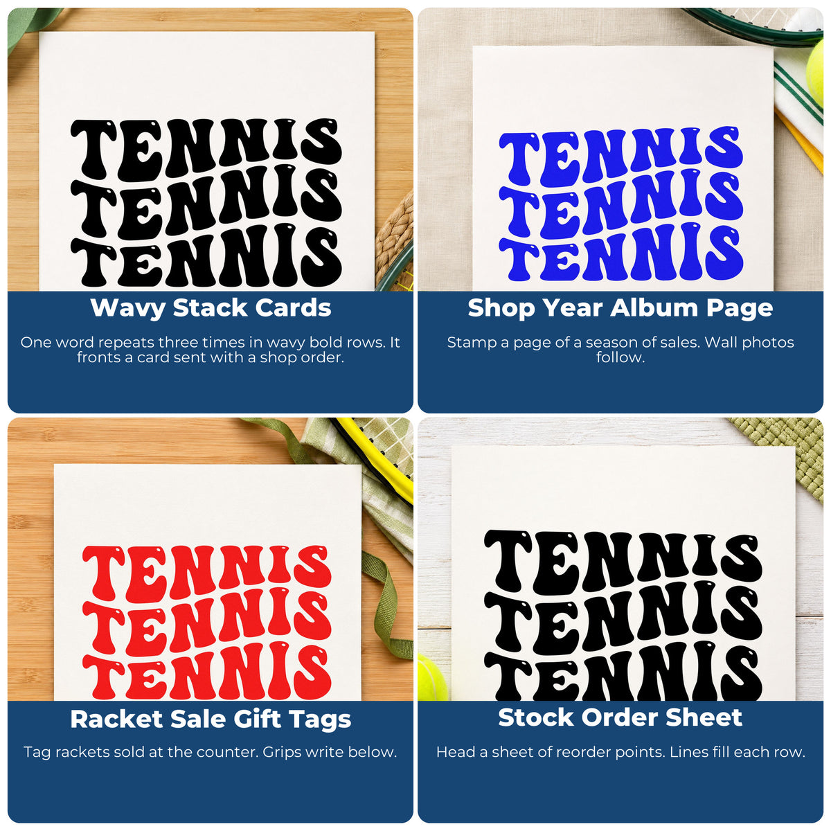 Four ways to use the Repeated Wavy Tennis Lettering Premium Wooden Stamp - Vintage Pro: wavy stack cards, shop year album page, racket sale gift tags and stock order sheet.