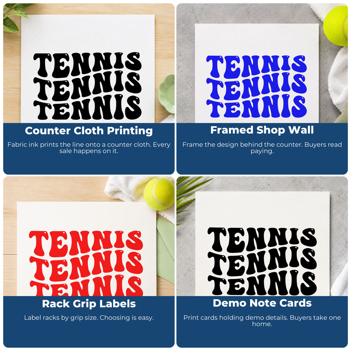 Four ways to use the Repeated Wavy Tennis Lettering Premium Wooden Stamp - Vintage Pro: counter cloth printing, framed shop wall, rack grip labels and demo note cards.