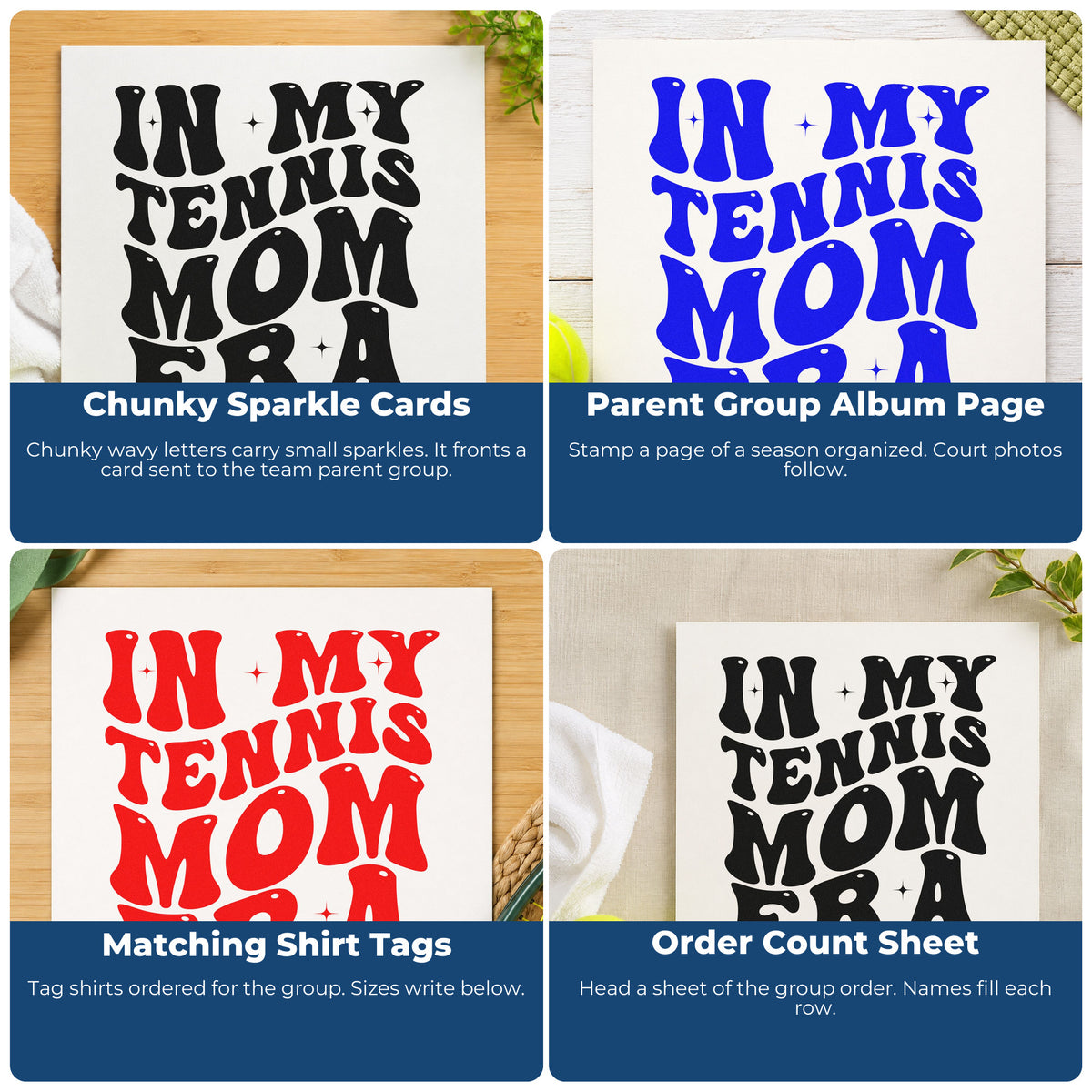 Four ways to use the In My Tennis Mom Era Rubber Stamp – Duo Hand: chunky sparkle cards, parent group album page, matching shirt tags and order count sheet.