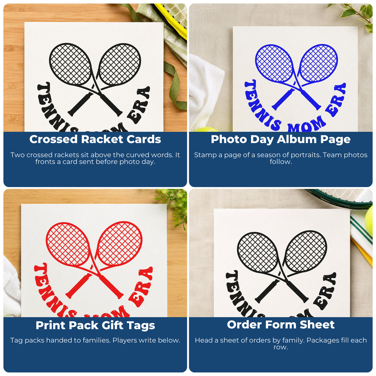 Four ways to use the Tennis Mom Era Rackets Stamp – PSI Pre-Inked: crossed racket cards, photo day album page, print pack gift tags and order form sheet.
