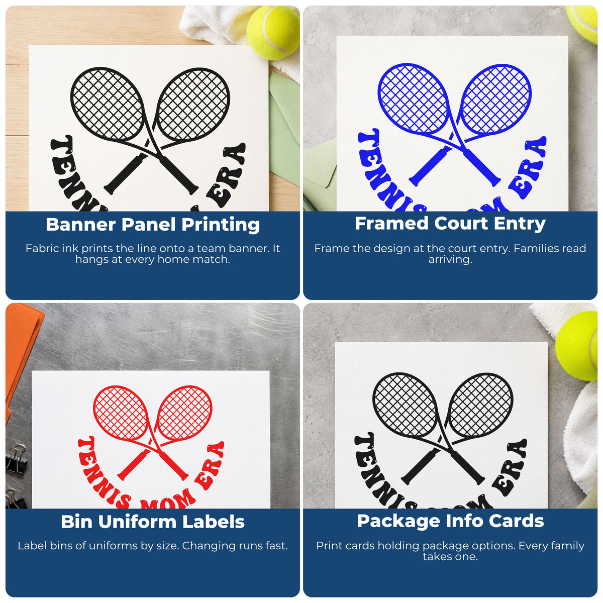 Four ways to use the Tennis Mom Era Rackets Stamp – PSI Pre-Inked: banner panel printing, framed court entry, bin uniform labels and package info cards.