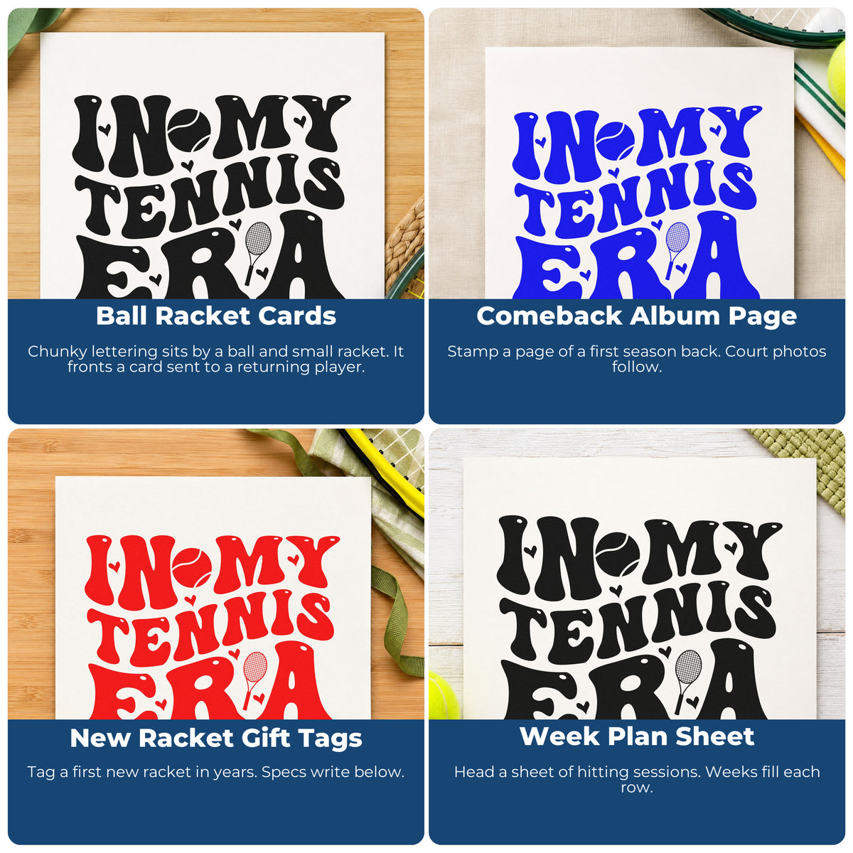 Four ways to use the In My Tennis Era Lettering PSI Pre-Inked Stamp: ball racket cards, comeback album page, new racket gift tags and week plan sheet.
