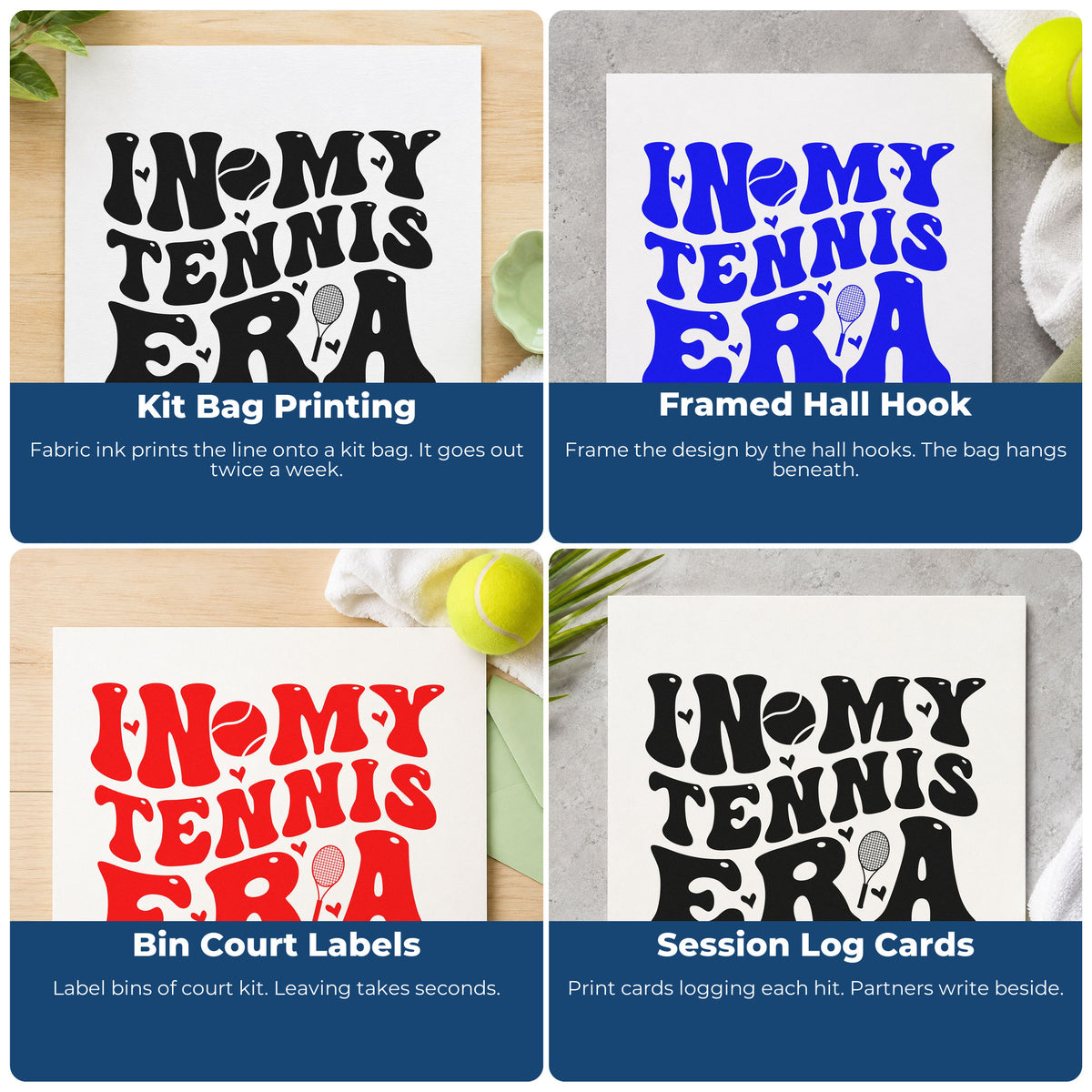 Four ways to use the In My Tennis Era Lettering PSI Pre-Inked Stamp: kit bag printing, framed hall hook, bin court labels and session log cards.