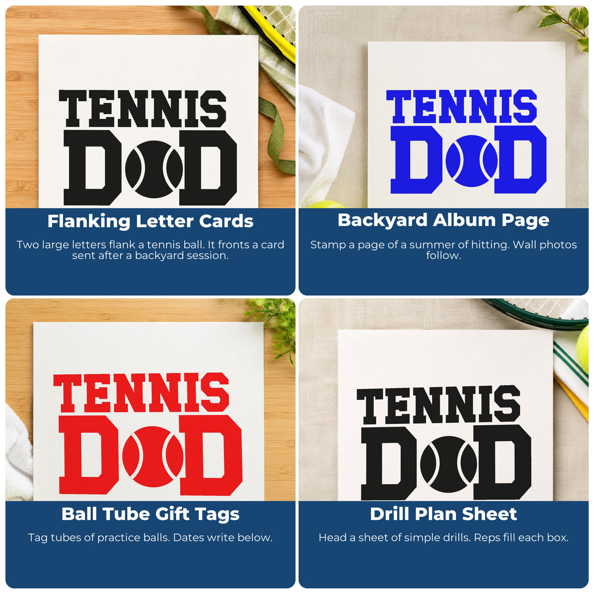 Four ways to use the Tennis Ball Between D Letters Rubber Stamp – Wood Handle: flanking letter cards, backyard album page, ball tube gift tags and drill plan sheet.