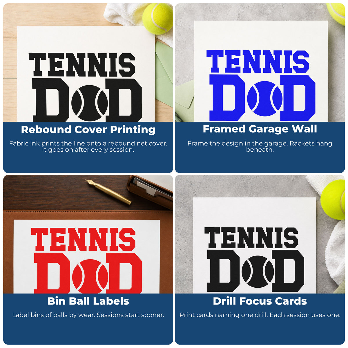 Four ways to use the Tennis Ball Between D Letters Hand Stamp – Duo: rebound cover printing, framed garage wall, bin ball labels and drill focus cards.