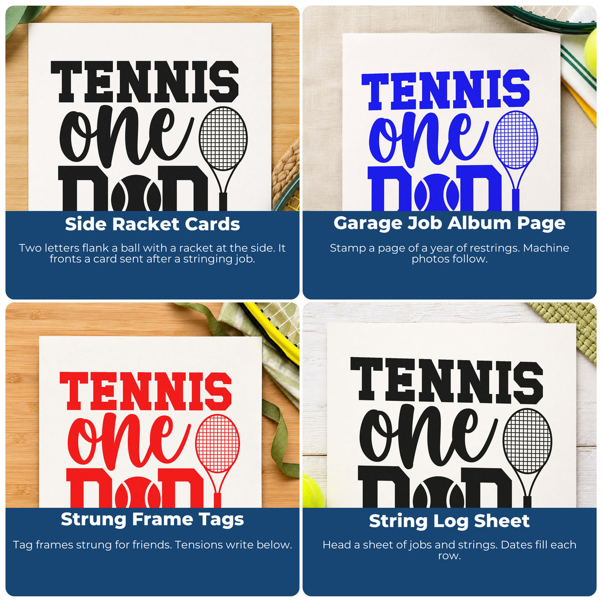 Four ways to use the Tennis One Racket Lettering Stamp – Wood Handle: side racket cards, garage job album page, strung frame tags and string log sheet.