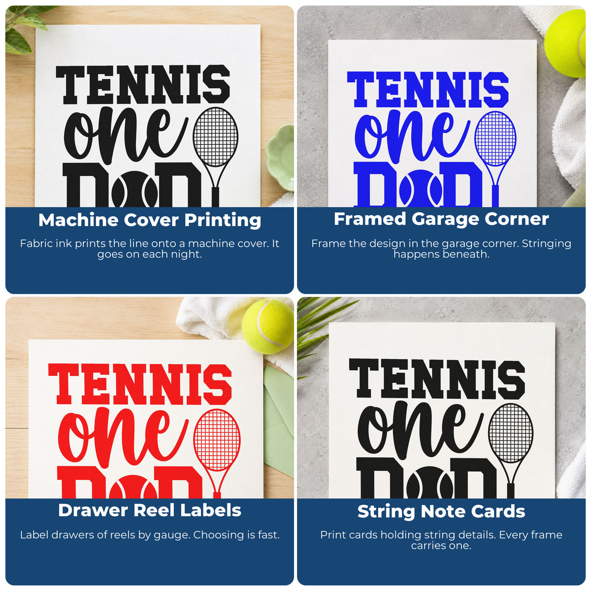 Four ways to use the Tennis One Racket Lettering Premium Wood-Mounted Stamp - Vintage Pro: machine cover printing, framed garage corner, drawer reel labels and string note cards.