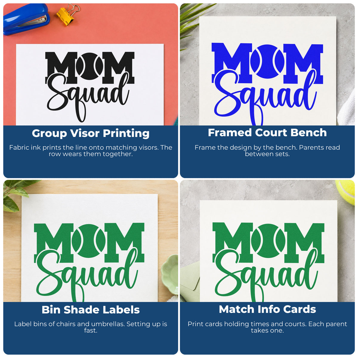 Four ways to use the PSI Pre-Inked Tennis Mom Squad Word Art Stamp: group visor printing, framed court bench, bin shade labels and match info cards.