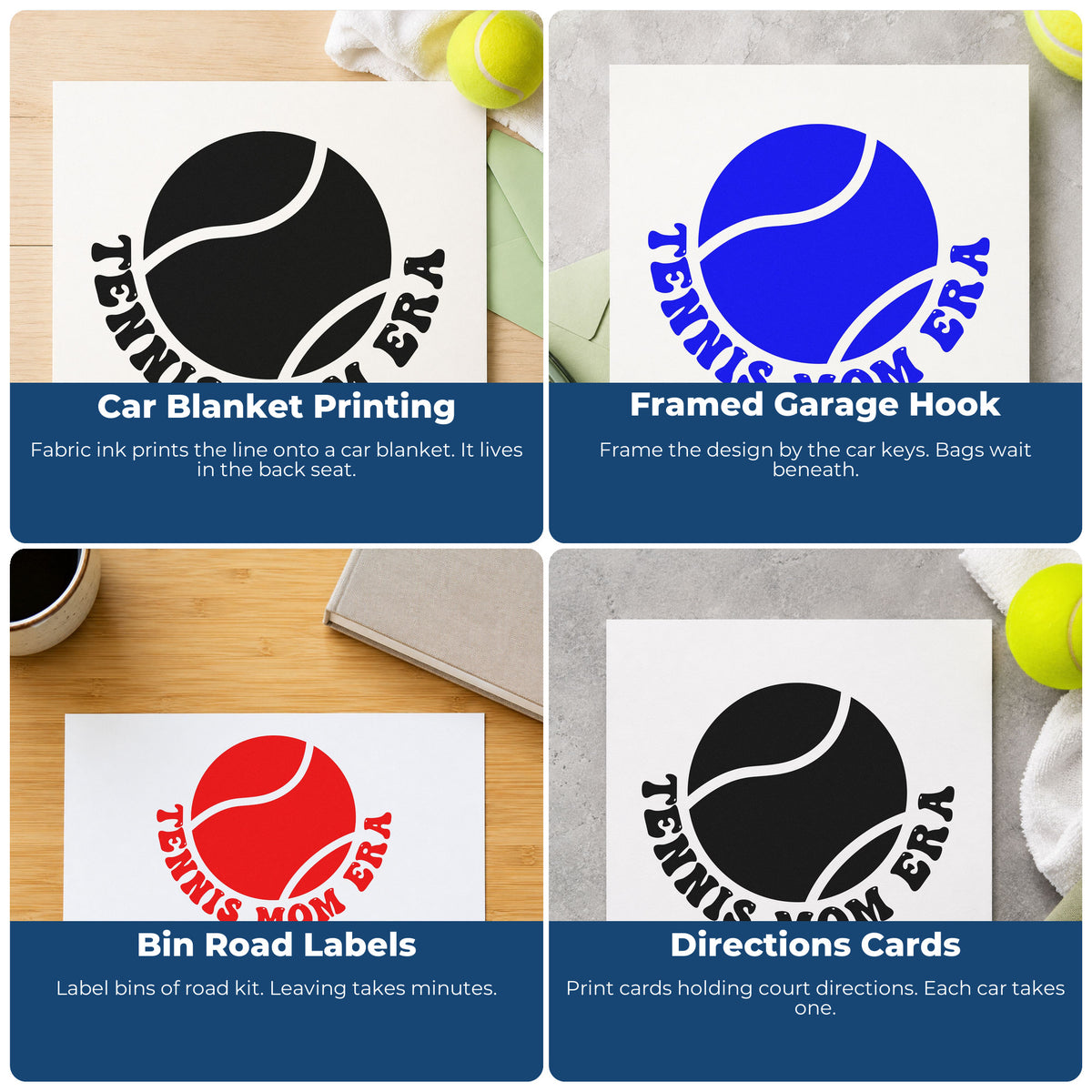 Four ways to use the Tennis Mom Era Ball Wood Handle Stamp: car blanket printing, framed garage hook, bin road labels and directions cards.