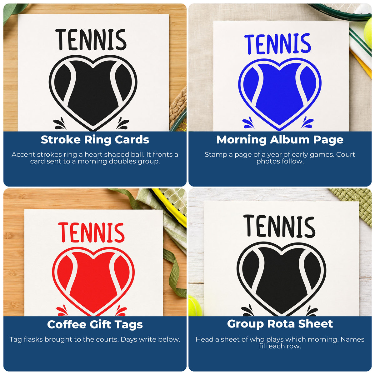 Four ways to use the Duo Hand Grandpa Tennis Heart Lettering Rubber Stamp: stroke ring cards, morning album page, coffee gift tags and group rota sheet.