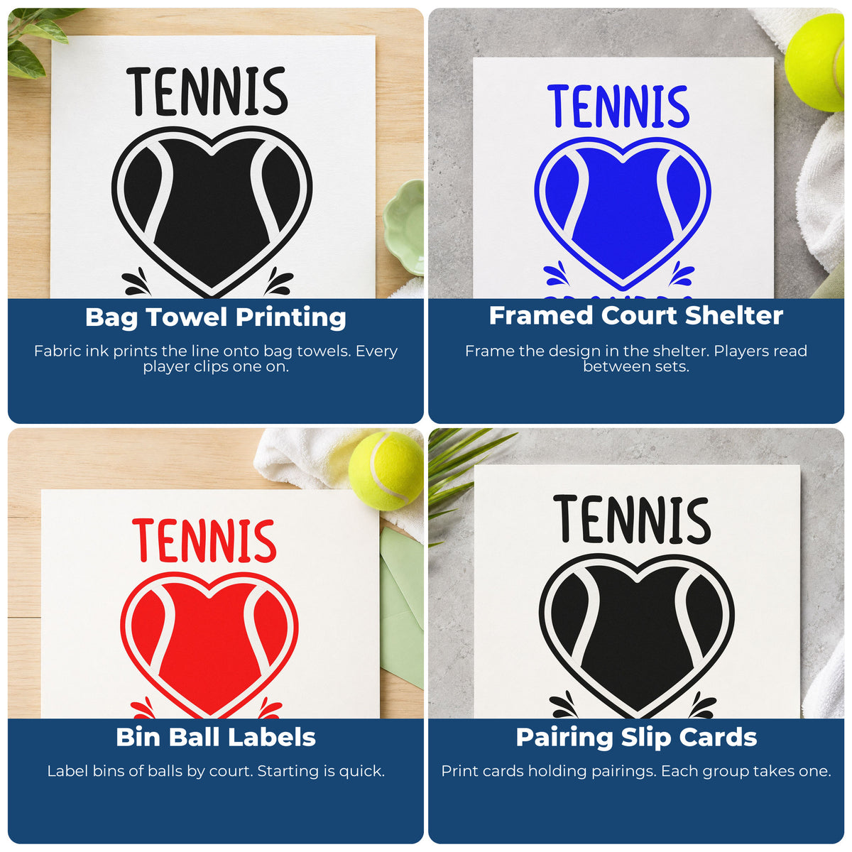 Four ways to use the Duo Hand Grandpa Tennis Heart Lettering Rubber Stamp: bag towel printing, framed court shelter, bin ball labels and pairing slip cards.