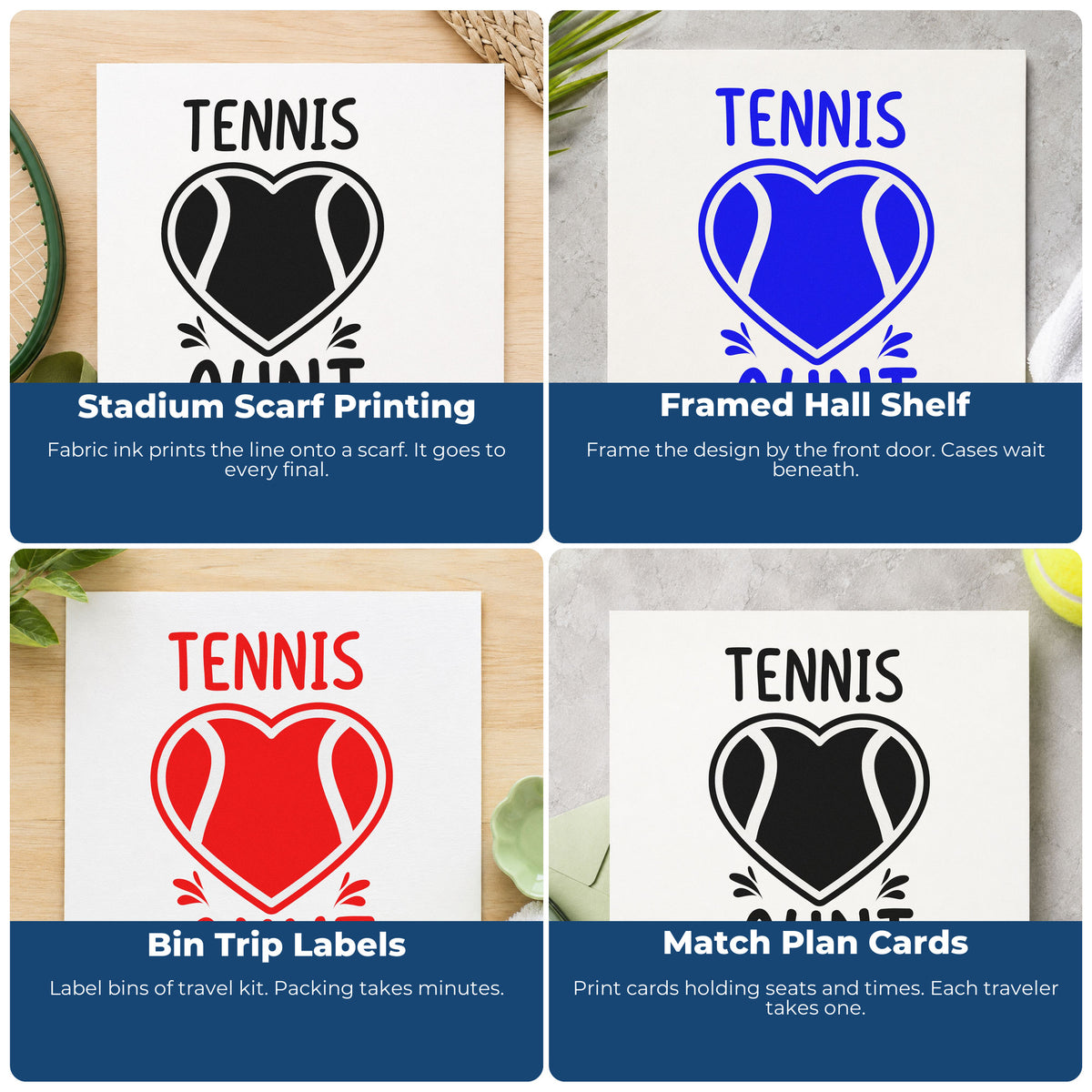 Four ways to use the Tennis Aunt Heart Ball Hand Stamp – Duo: stadium scarf printing, framed hall shelf, bin trip labels and match plan cards.