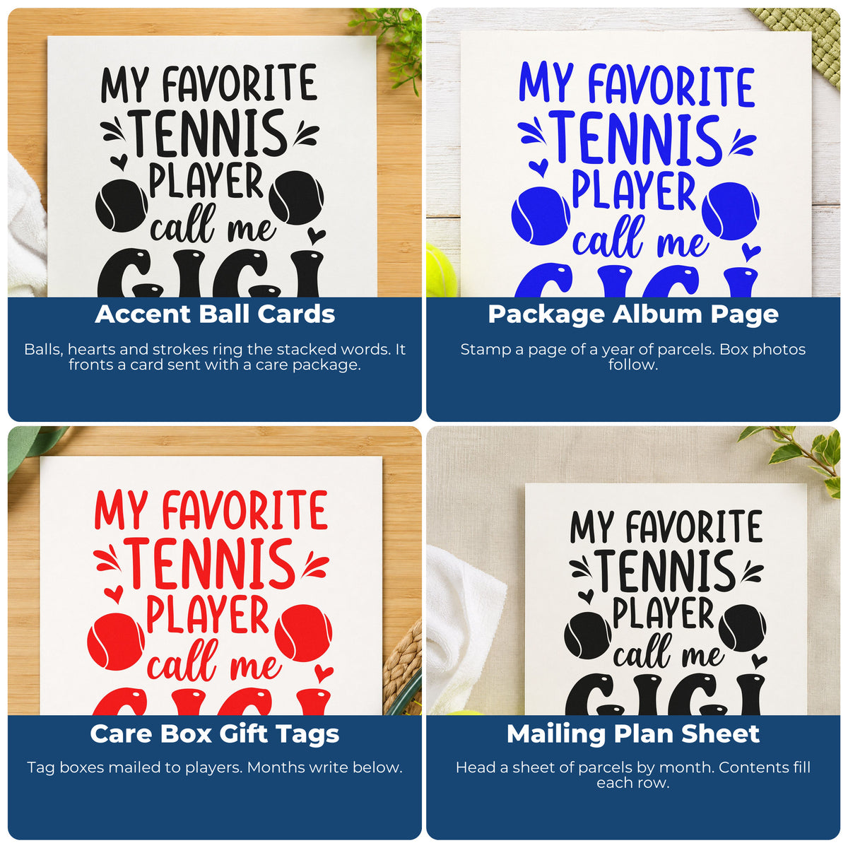 Four ways to use the Favorite Tennis Player Gigi Premium Wooden Stamp - Vintage Pro: accent ball cards, package album page, care box gift tags and mailing plan sheet.