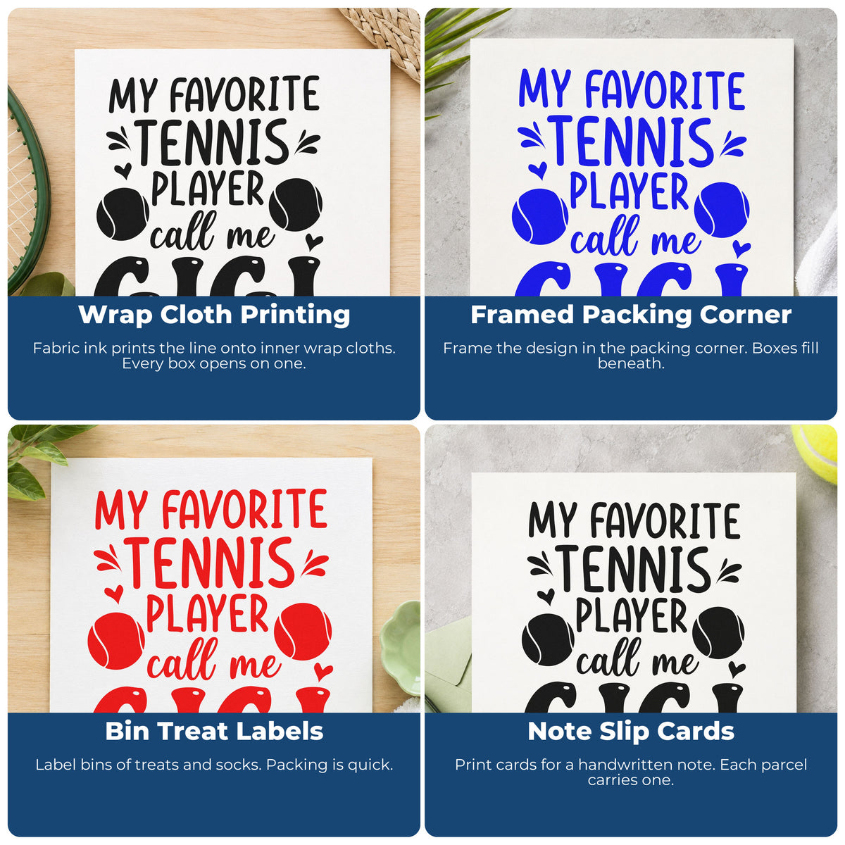 Four ways to use the Favorite Tennis Player Gigi Rubber Stamp – Duo Hand: wrap cloth printing, framed packing corner, bin treat labels and note slip cards.