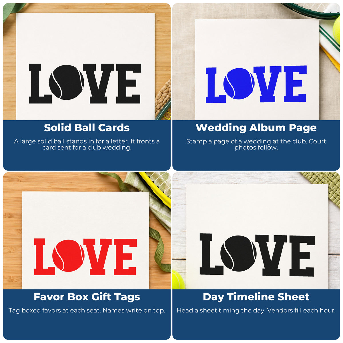 Four ways to use the Slim Pre-Inked Love Tennis Solid Ball Letter Stamp: solid ball cards, wedding album page, favor box gift tags and day timeline sheet.