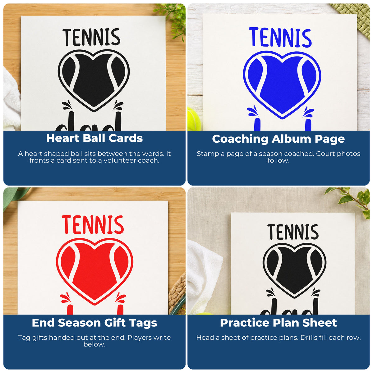 Four ways to use the Tennis Dad Heart Ball Hand Stamp – Duo: heart ball cards, coaching album page, end season gift tags and practice plan sheet.