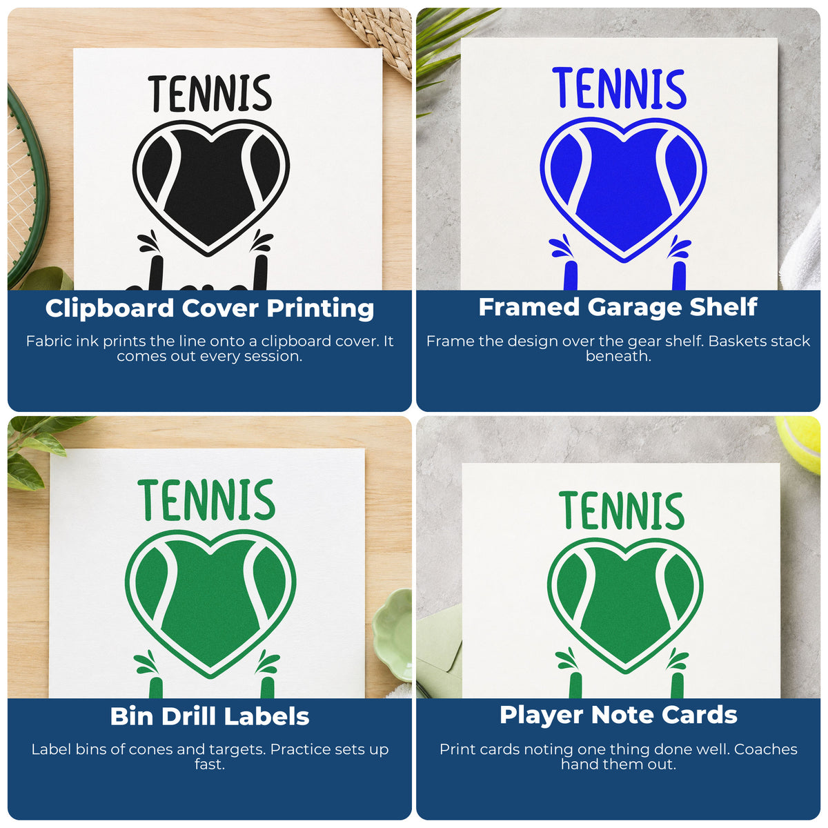 Four ways to use the Tennis Dad Heart Ball Hand Stamp – Duo: clipboard cover printing, framed garage shelf, bin drill labels and player note cards.