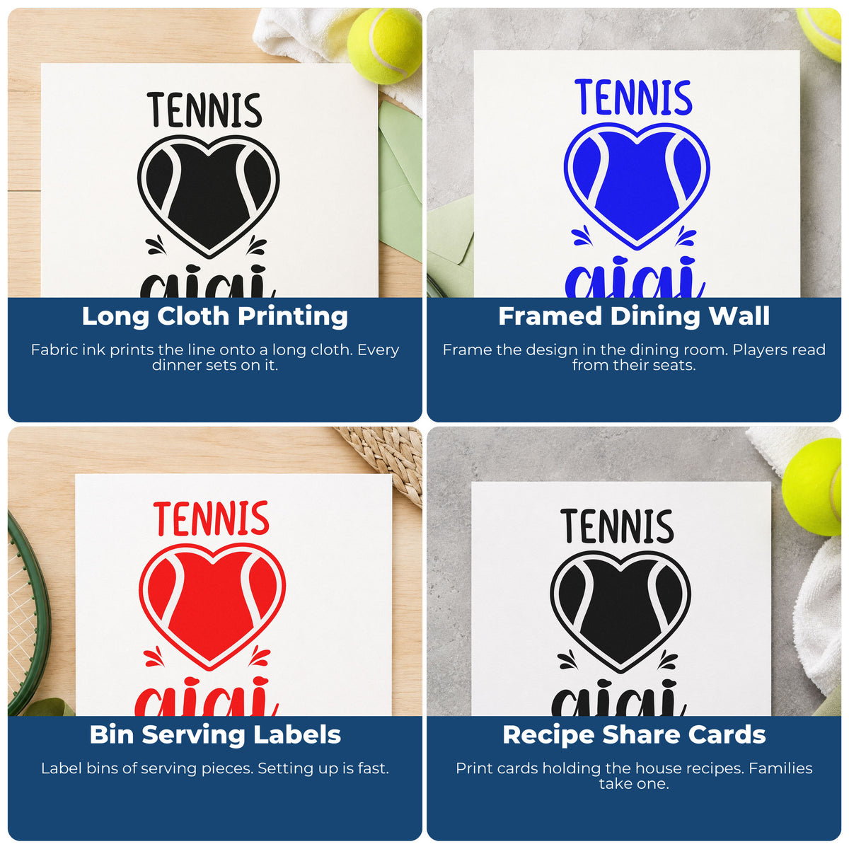 Four ways to use the Gigi Tennis Heart Lettering Slim Pre-Inked Stamp: long cloth printing, framed dining wall, bin serving labels and recipe share cards.