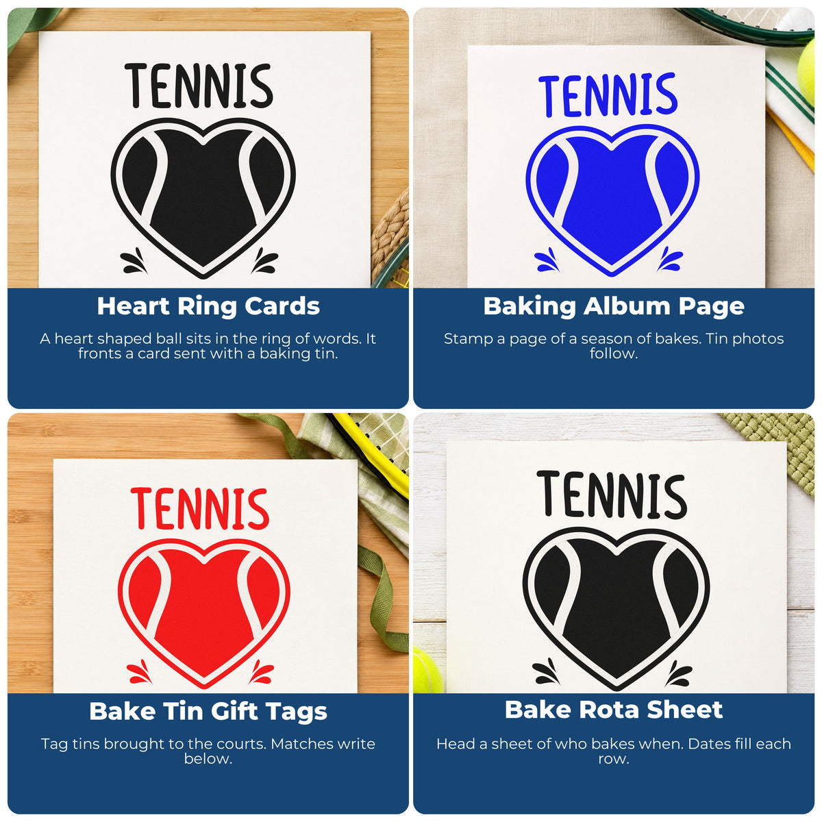 Four ways to use the Nana Tennis Heart Lettering Rubber Stamp – Duo Hand: heart ring cards, baking album page, bake tin gift tags and bake rota sheet.