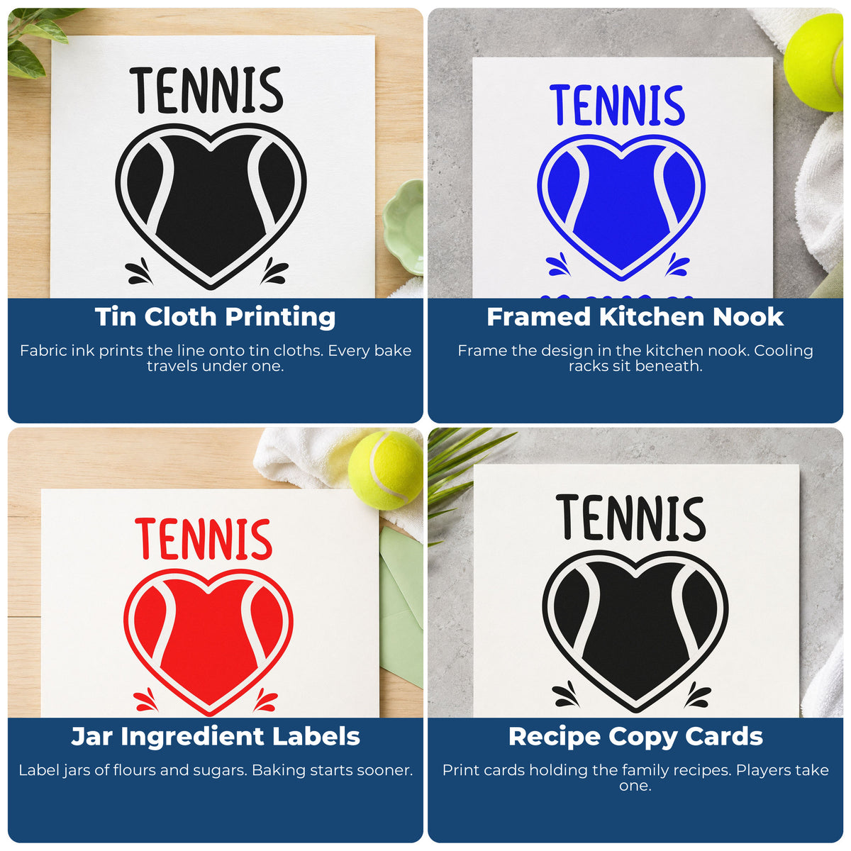 Four ways to use the Nana Tennis Heart Lettering Rubber Stamp – Duo Hand: tin cloth printing, framed kitchen nook, jar ingredient labels and recipe copy cards.