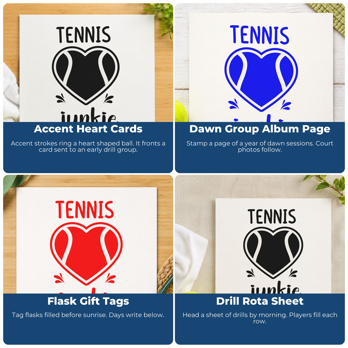 Four ways to use the Tennis Junkie Heart Ball Rubber Stamp – Wood Handle: accent heart cards, dawn group album page, flask gift tags and drill rota sheet.