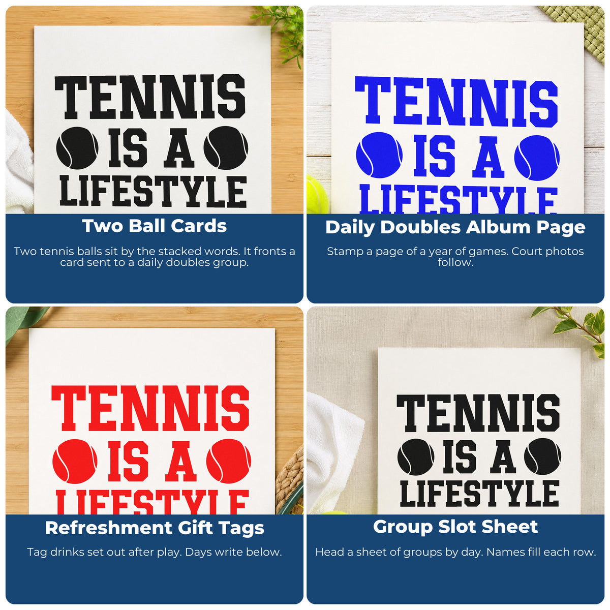 Four ways to use the Tennis Lifestyle Ball Pair Pre-Inked Stamp – PSI: two ball cards, daily doubles album page, refreshment gift tags and group slot sheet.