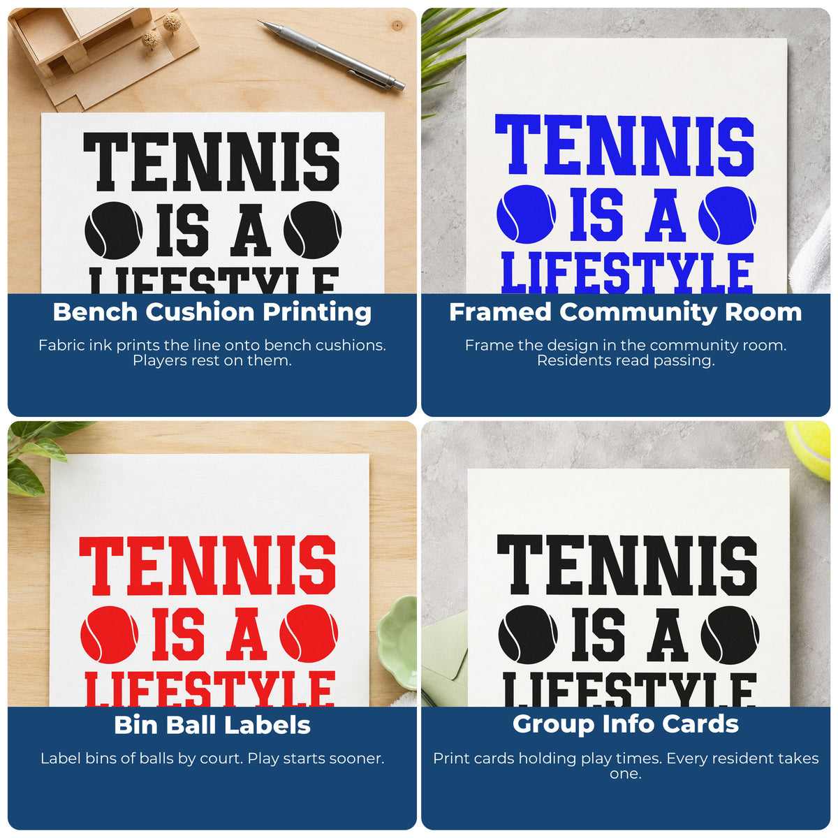 Four ways to use the Tennis Lifestyle Ball Pair Pre-Inked Stamp – PSI: bench cushion printing, framed community room, bin ball labels and group info cards.