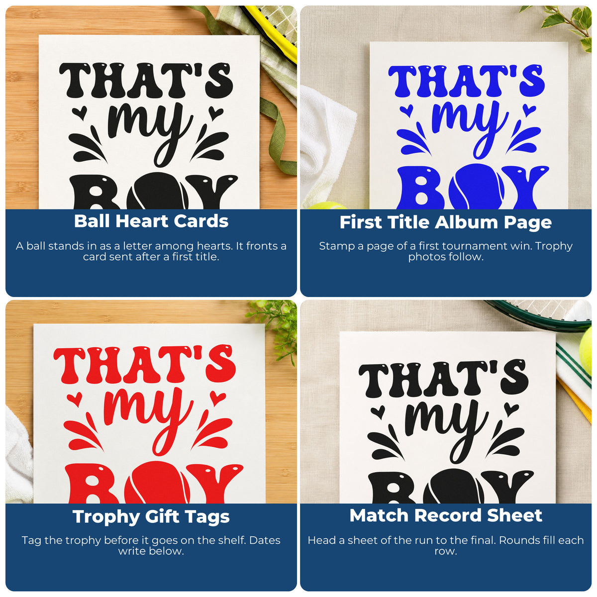 Four ways to use the Duo Hand That's My Boy Tennis Ball Lettering Rubber Stamp: ball heart cards, first title album page, trophy gift tags and match record sheet.