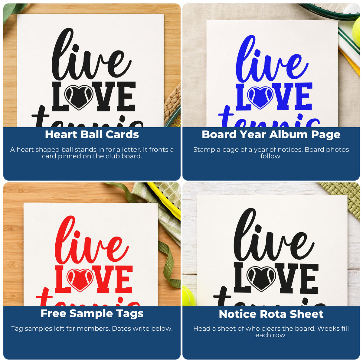 Four ways to use the Live Love Tennis Hand Stamp – Duo: heart ball cards, board year album page, free sample tags and notice rota sheet.