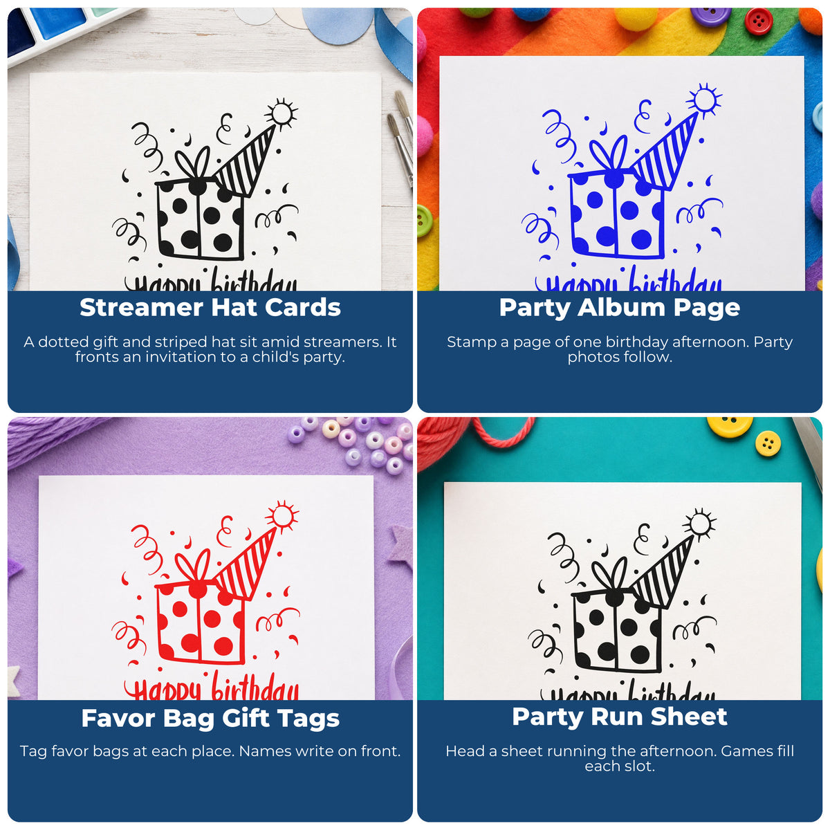 Four ways to use the Birthday Present And Striped Party Hat Wood Handle Stamp: streamer hat cards, party album page, favor bag gift tags and party run sheet.