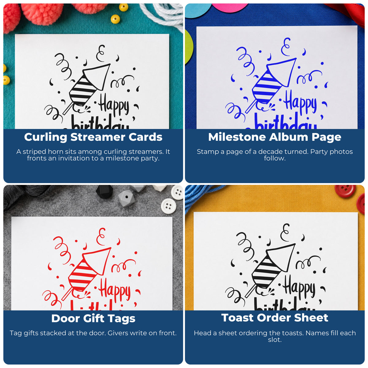 Four ways to use the Striped Party Horn Birthday Wishes Craft Stamp – Self-Inking: curling streamer cards, milestone album page, door gift tags and toast order sheet.