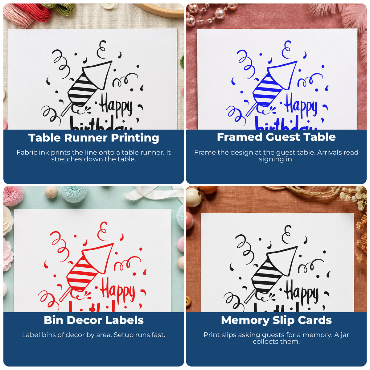Four ways to use the Striped Party Horn Birthday Wishes Craft Stamp – Self-Inking: table runner printing, framed guest table, bin decor labels and memory slip cards.