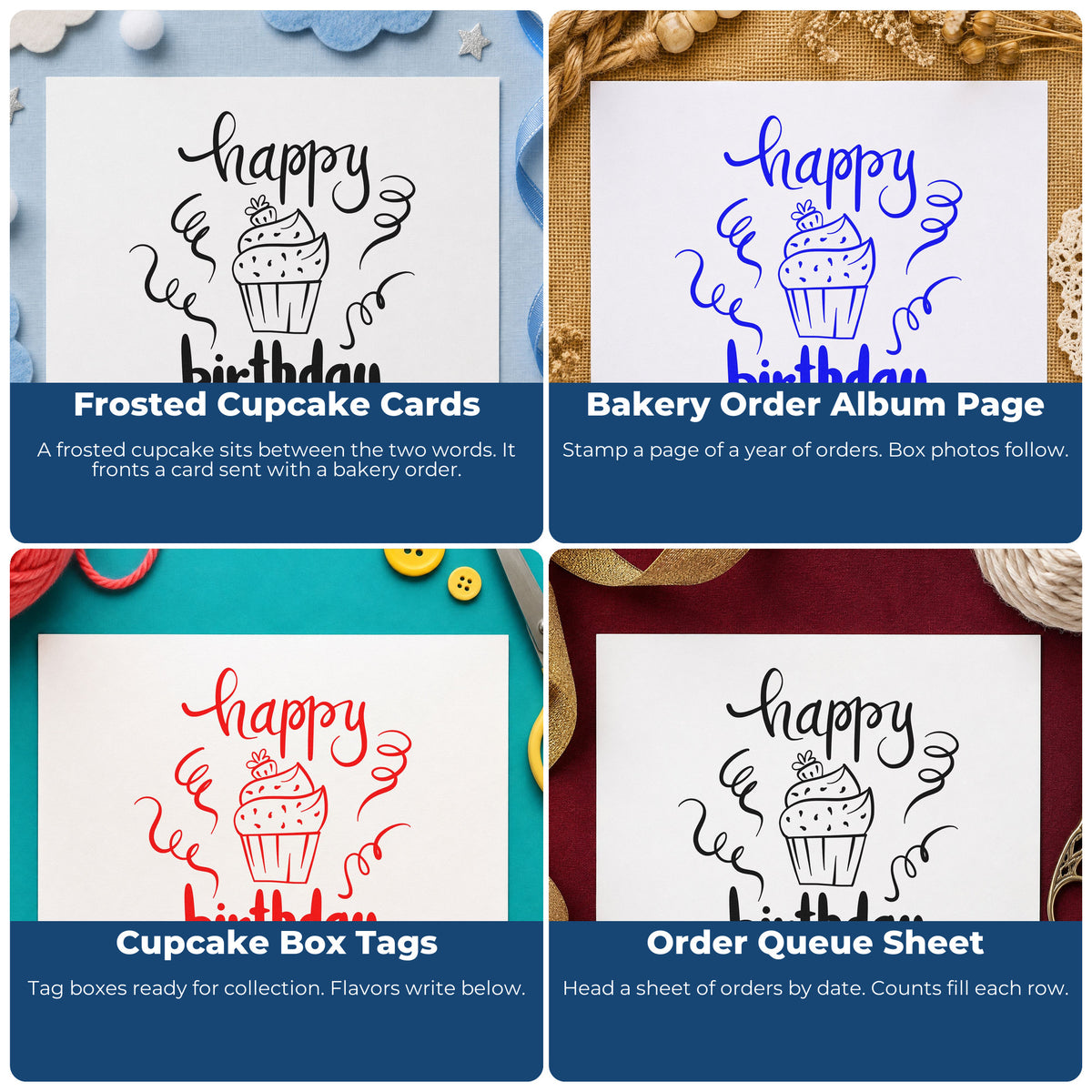 Four ways to use the Happy Birthday Cupcake And Streamers PSI Pre-Inked Stamp: frosted cupcake cards, bakery order album page, cupcake box tags and order queue sheet.