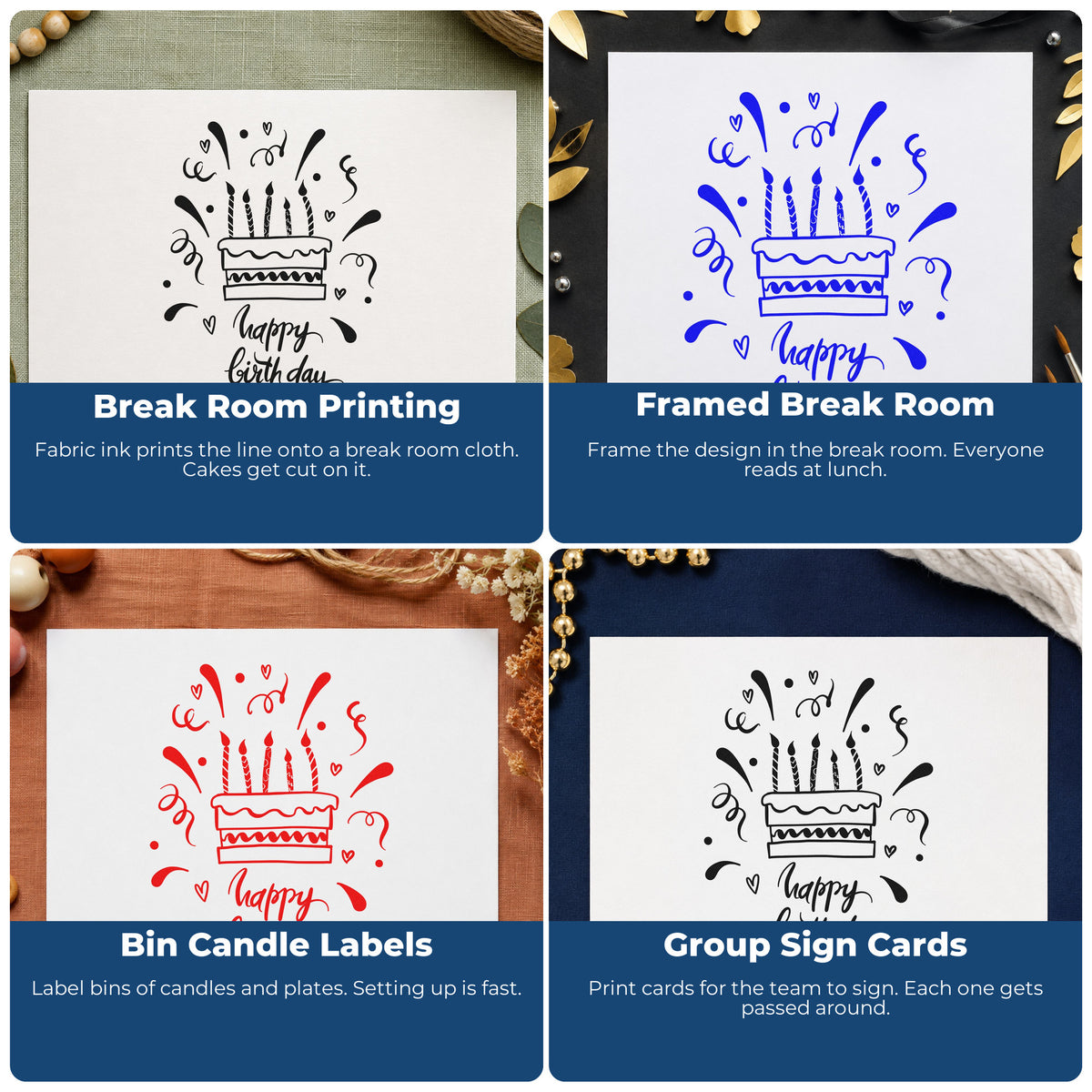 Four ways to use the Birthday Candle Cake Confetti With Hearts Rubber Stamp – Wood Handle: break room printing, framed break room, bin candle labels and group sign cards.