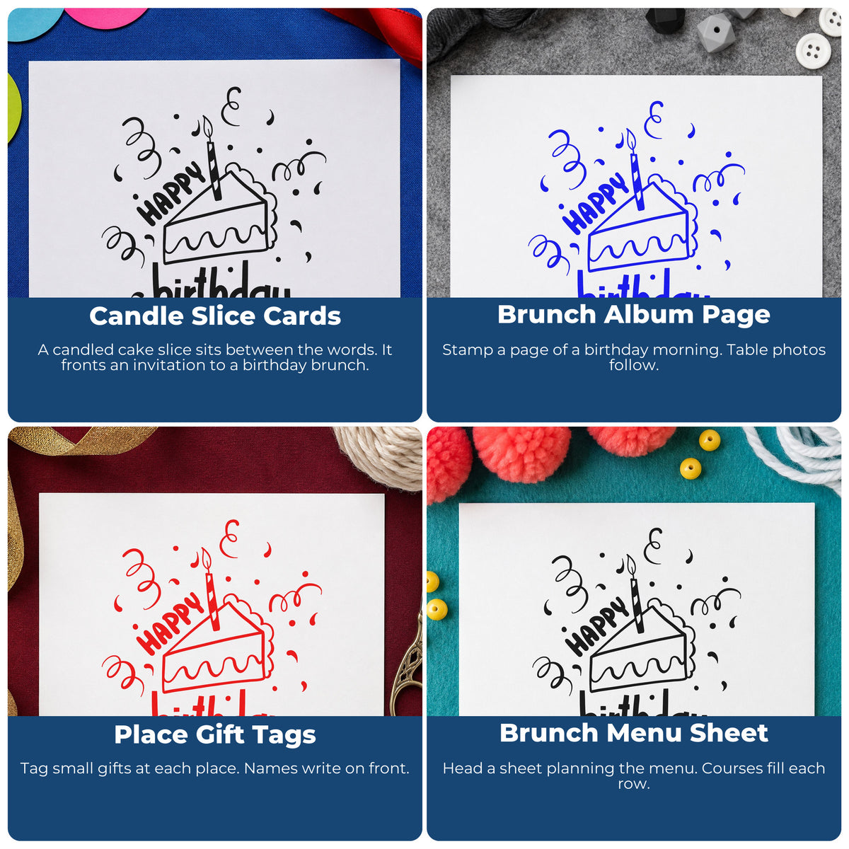 Four ways to use the Birthday Cake Slice Candle Self-Inking Craft Stamp: candle slice cards, brunch album page, place gift tags and brunch menu sheet.